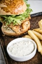 Fish fillet burger with fries and tartar sauce set meal Royalty Free Stock Photo