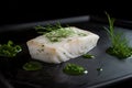 Fish Fillet Dinner, Healthy Seafood, Cod Meat Piece, White Fish Meat on Black Background, Generative AI Royalty Free Stock Photo