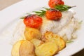 Fish fillet in sauce and vegetables Closeup