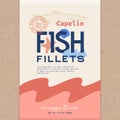 Fish Fillets. Abstract Vector Fish Packaging Design or Label. Modern Typography, Hand Drawn Capelin Silhouette and