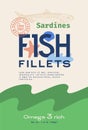 Fish Fillets Abstract Vector Packaging Design or Label. Modern Typography, Hand Drawn Sardine Silhouette and Colorful Royalty Free Stock Photo