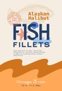 Fish Fillets Abstract Vector Packaging Design or Label. Modern Typography, Hand Drawn Wild Alaskan Halibut Silhouette