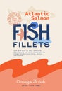 Fish Fillets Abstract Vector Packaging Design or Label. Modern Typography, Hand Drawn Wild Atlantic Salmon Silhouette Royalty Free Stock Photo