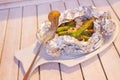 Fish fillets cooked with asparagus and potato Royalty Free Stock Photo