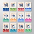 Fish Fillets Labels Collection. Abstract Vector Fish Packaging Design or Cards Series. Modern Typography and Hand Drawn