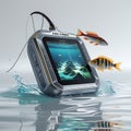 Fish Finder Device Displaying Underwater Scene with Fish Floating in Water and Splashes Royalty Free Stock Photo