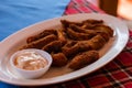 Fish Finger batter fry served with dipping sauce, Indian seafood starters Royalty Free Stock Photo