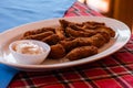 Fish Finger batter fry served with dipping sauce, Indian seafood starters Royalty Free Stock Photo