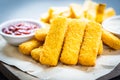 Fish finger and french fries or chips with tomato ketchup and mayonnaise sauce Royalty Free Stock Photo