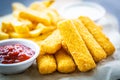 Fish finger and french fries or chips with tomato ketchup and mayonnaise sauce Royalty Free Stock Photo