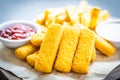 Fish finger and french fries or chips with tomato ketchup and mayonnaise sauce Royalty Free Stock Photo