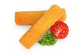 Fish finger or stick with parsley isolated on white background with full depth of field. Top view. Flat lay. Royalty Free Stock Photo