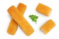 Fish finger or stick with parsley isolated on white background. Top view. Flat lay. Royalty Free Stock Photo