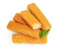Fish finger or stick with parsley isolated on white background. Top view. Flat lay. Royalty Free Stock Photo