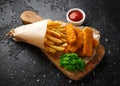 Fish fingers, mashed peas and chips fries. Traditional British fast food Royalty Free Stock Photo