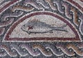 Fish on fragment of Lod Mosaic, famous Roman mosaic floor in Lod town in Israel, displayed in Shelby White and Leon Levy Lod