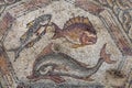 Fish on fragment of Lod Mosaic, famous Roman mosaic floor in Lod town in Israel, displayed in Shelby White and Leon Levy Lod