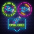 Fish Free badge collection . Allergy sign. Neon sign