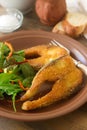 Fish fried in corn flour, served with salad, bread and wine. Royalty Free Stock Photo
