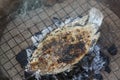 Fish on grill - Close up of tilapia fish grilled with salt on fire and smoke , fish burn asian food Royalty Free Stock Photo