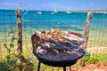 Fish on the grill by the mediterranean beach, idyllic vacation food preparing