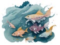 fish groups, watercolor painting on white background