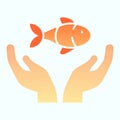 Fish with hand care flat icon. Ecological environment fish protection illustration isolated on white. Save the Sea logo
