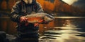 Fish in the hands on the background of river. The theme of recreation and fishing. Generative AI Royalty Free Stock Photo