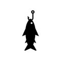 Fish hanging on a hook. Logo and icon design. Vector illustration. Silhouette on white background. Isolated drawing. Royalty Free Stock Photo