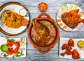 fish head curry, darbar royal potlam biryani rice, tandoori chicken, grill pomfret fish, Rava kesari halwa sweet, chicken lollipop