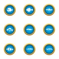 Fish hobby icons set, flat style