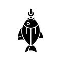 Fish on hook black glyph icon