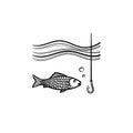 Fish with hook hand drawn sketch icon.