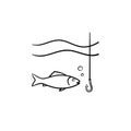 Fish with hook hand drawn sketch icon.