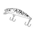 Fish hook minnow vector illustration tackle. Fly gudgeon spinner lure feeding. Bait line drawing. Ink silhouette Black