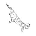 Fishing hook minnow vector illustration tackle. Metal fly gudgeon spinner lure feeding. Bait line drawing. Ink