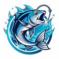 A fish is hooked on a fishing line, struggling with the hook in its mouth, fish and hook logo with water splash decoration