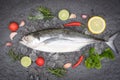 Fish on ice for cooking food in the restaurant, Fresh fish raw torpedo scad with lemon herb and spices, mackerel scad top view Royalty Free Stock Photo