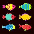 Fish icon set. Colorful bright aquarium sea ocean animals. Cute kawaii cartoon funny baby character. Marine life. Kids collection Royalty Free Stock Photo