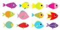 Fish icon set. Cute cartoon kawaii colorful aquarium animals. Baby kids collection. White background. Isolated. Flat design Royalty Free Stock Photo