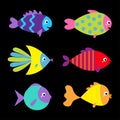 Fish icon set. Cute cartoon kawaii funny character. Colorful aquarium sea ocean animals. Baby kids collection. Marine life. Royalty Free Stock Photo