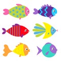 Fish icon set. Cute cartoon kawaii funny character. Colorful aquarium sea ocean animals. Baby kids collection. Marine life. White Royalty Free Stock Photo