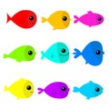 Fish icon set. Cute kawaii cartoon funny baby character. Colorful aquarium sea ocean animals. Marine life. Kids collection. White Royalty Free Stock Photo