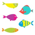 Fish icon set. Isolated. Baby kids collection. Cute cartoon colorful aquarium animals. White background. Flat design Royalty Free Stock Photo