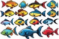 Fish icons highlighted on a white background, A set of aquarium cartoon fish. Tropical fish, a collection of marine fish Royalty Free Stock Photo