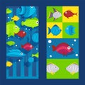 Fish icons and stickers on vertical banner, flat style collage, aquarium set, vector illustration Royalty Free Stock Photo