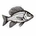 Detailed Black And White Fish Drawing In Linear Illustration Style