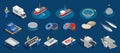 Fish industry seafood production isometric set with isolated icons of marine products fishing facilities and people vector