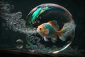 Fish inside a bubble on dark background. Generative AI