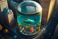 Fish inside of glass container on top of building next to street. Generative AI Royalty Free Stock Photo